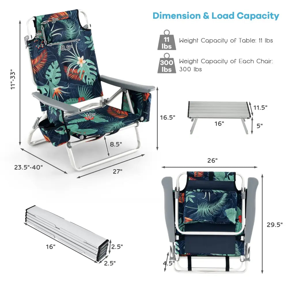 2 Packs 5-Position Outdoor Folding Backpack Beach Table Chair Reclining Chair Set-Green - Green - Beach & Lawn Chairs