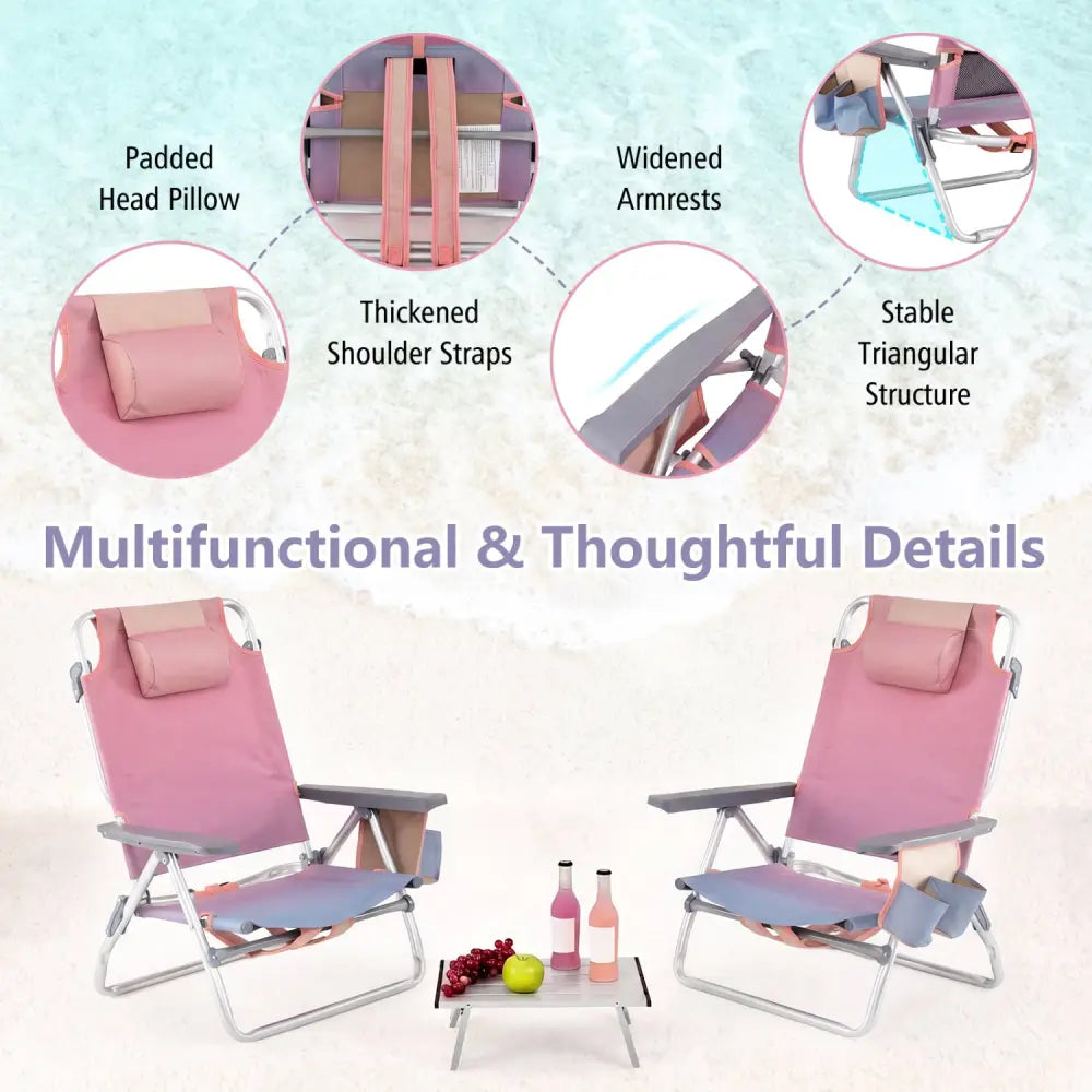 2 Packs 5-Position Outdoor Folding Backpack Beach Table Chair Reclining Chair Set-Pink - Pink - Beach & Lawn Chairs