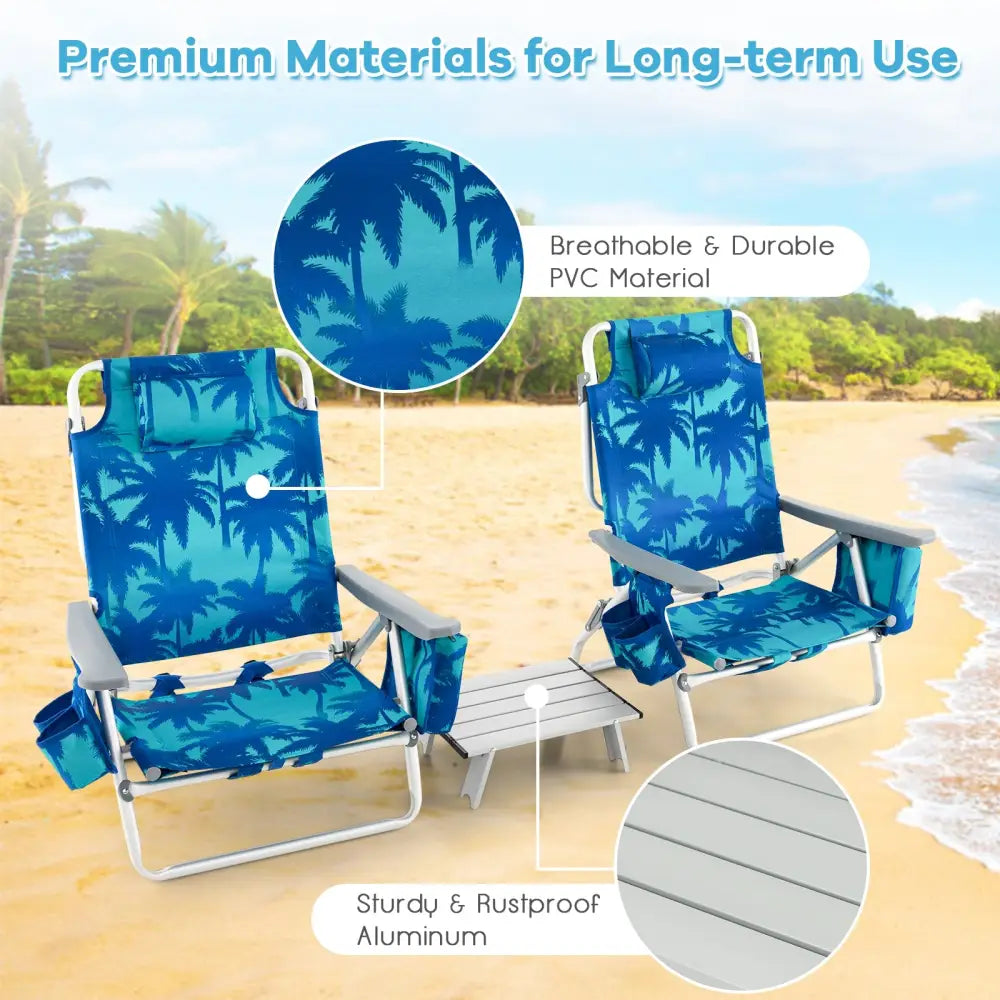 2 Packs 5-Position Outdoor Folding Backpack Beach Table Chair Reclining Chair Set-Navy - Navy - Beach & Lawn Chairs