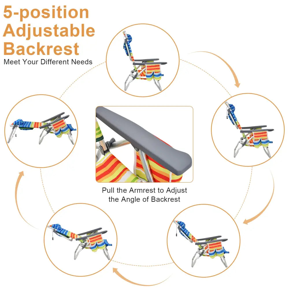 2 Packs 5-Position Outdoor Folding Backpack Beach Table Chair Reclining Chair Set-Yellow - Yellow - Beach & Lawn Chairs