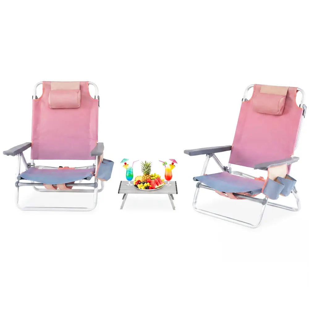 2 Packs 5-Position Outdoor Folding Backpack Beach Table Chair Reclining Chair Set-Pink - Pink - Beach & Lawn Chairs