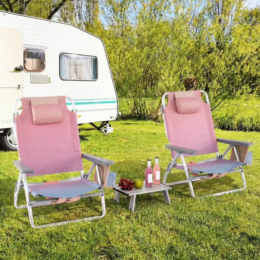 2 Packs 5-Position Outdoor Folding Backpack Beach Table Chair Reclining Chair Set-Pink - Pink - Beach & Lawn Chairs