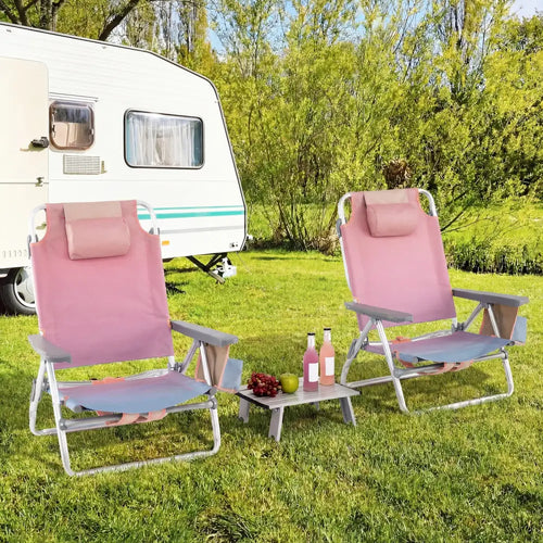 2 Packs 5-Position Outdoor Folding Backpack Beach Table Chair Reclining Chair Set-Pink - Pink - Beach & Lawn Chairs