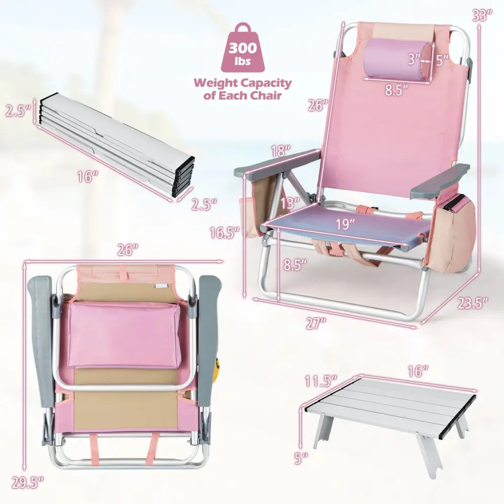 2 Packs 5-Position Outdoor Folding Backpack Beach Table Chair Reclining Chair Set-Pink - Light Pink - Beach & Lawn