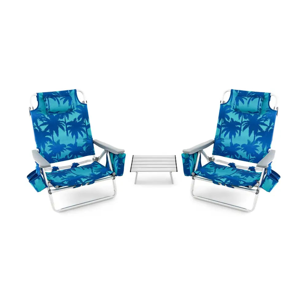 2 Packs 5-Position Outdoor Folding Backpack Beach Table Chair Reclining Chair Set-Navy - Navy - Beach & Lawn Chairs