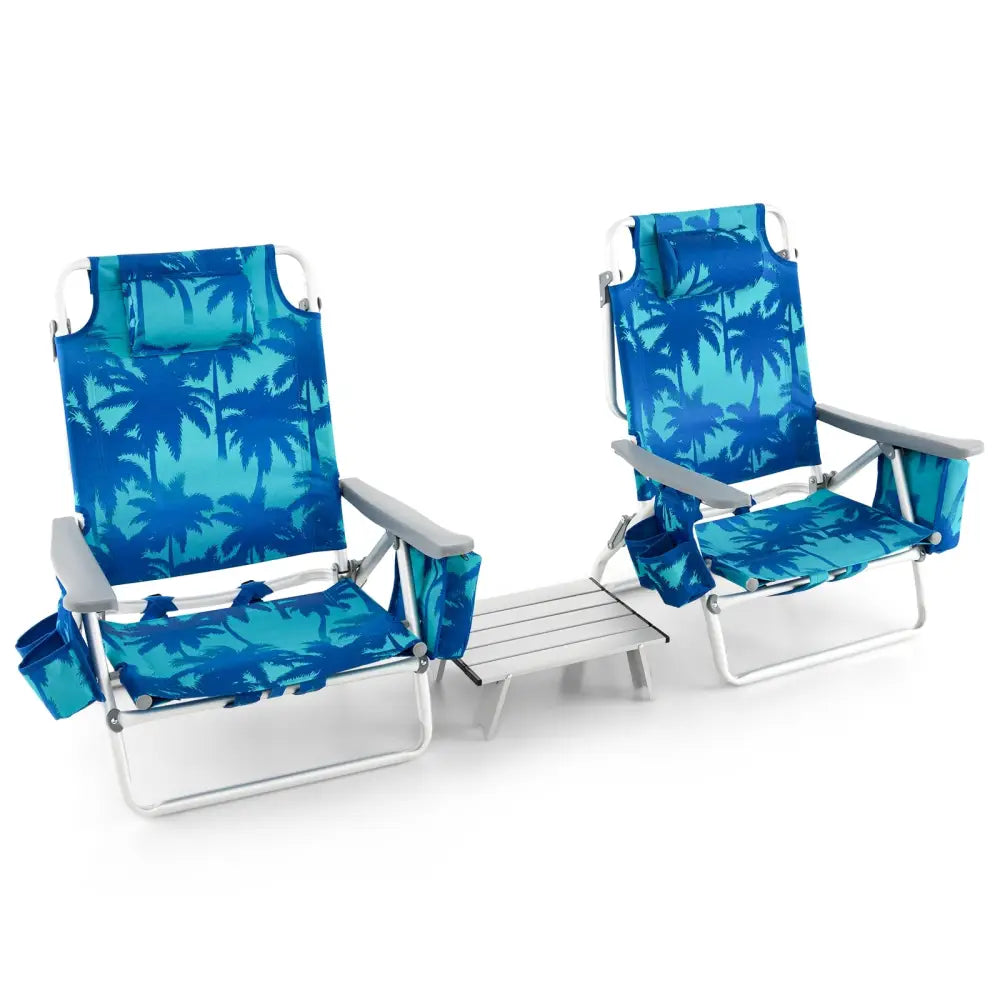 2 Packs 5-Position Outdoor Folding Backpack Beach Table Chair Reclining Chair Set-Navy - Navy - Beach & Lawn Chairs