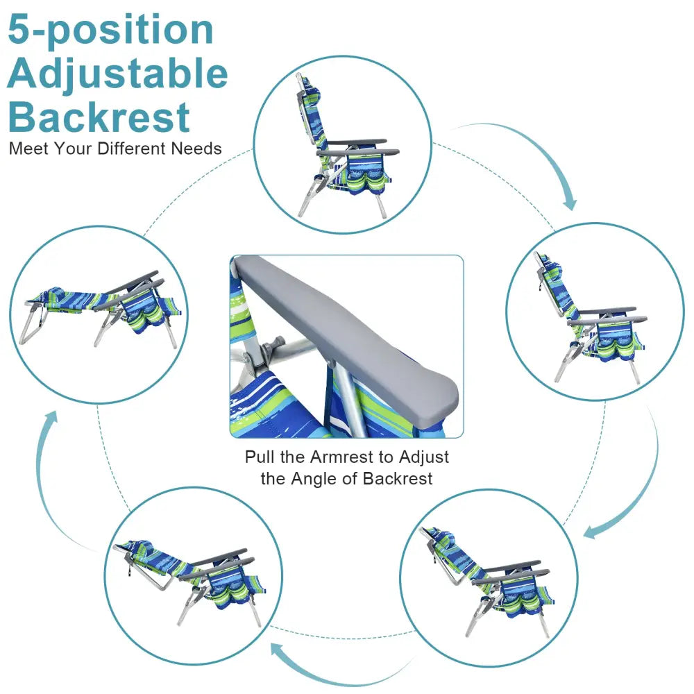 2 Packs 5-Position Outdoor Folding Backpack Beach Table Chair Reclining Chair Set-Blue - Blue - Beach & Lawn Chairs