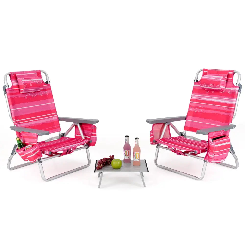 2 Packs 5-Position Outdoor Folding Backpack Beach Table Chair Reclining Chair Set-Hot Pink - Pink - Beach & Lawn Chairs