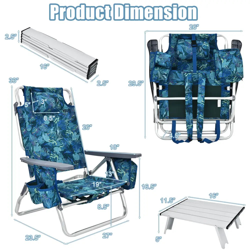 2 Packs 5-Position Outdoor Folding Backpack Beach Table Chair Reclining Chair Set-Multicolor - Multicolor - Beach &
