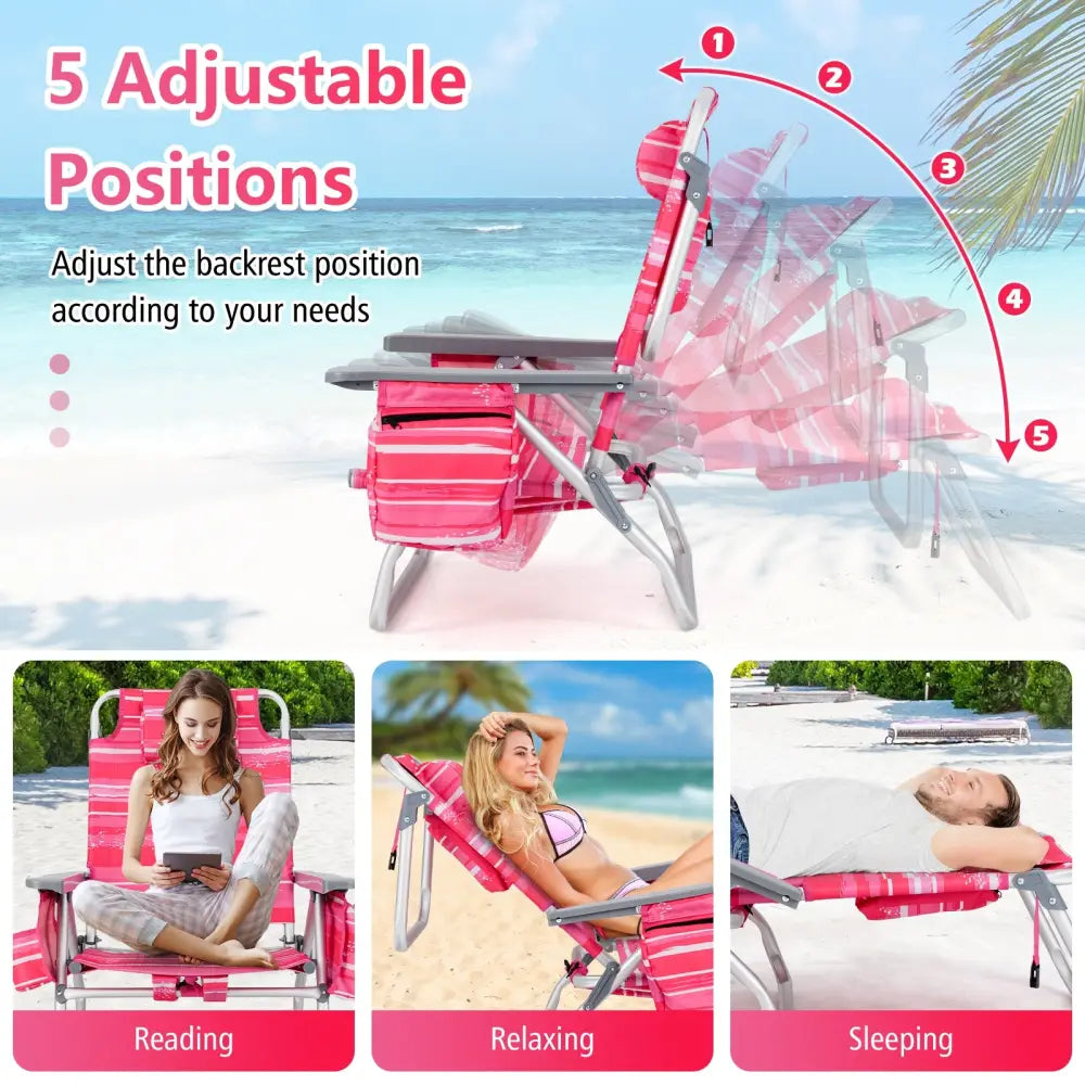 2 Packs 5-Position Outdoor Folding Backpack Beach Table Chair Reclining Chair Set-Hot Pink - Pink - Beach & Lawn Chairs
