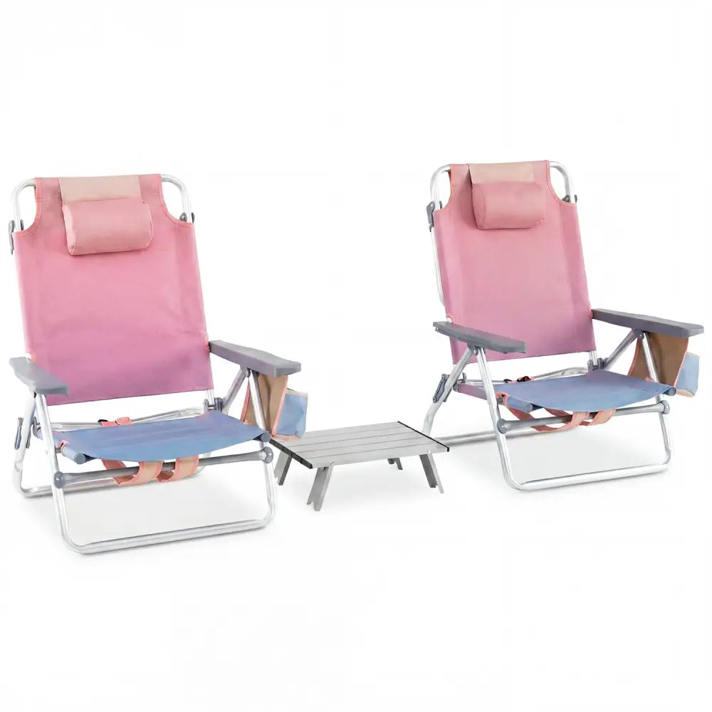2 Packs 5-Position Outdoor Folding Backpack Beach Table Chair Reclining Chair Set-Pink - Pink - Beach & Lawn Chairs