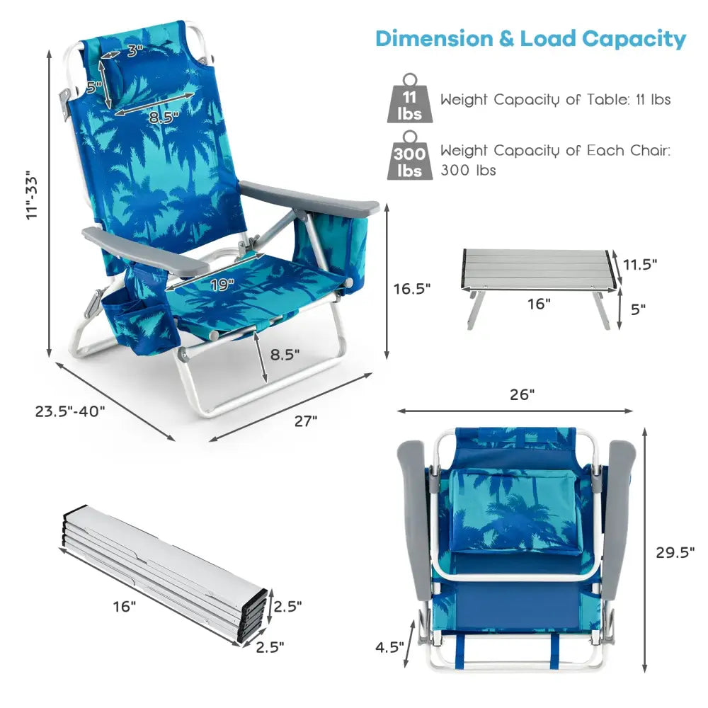 2 Packs 5-Position Outdoor Folding Backpack Beach Table Chair Reclining Chair Set-Navy - Navy - Beach & Lawn Chairs