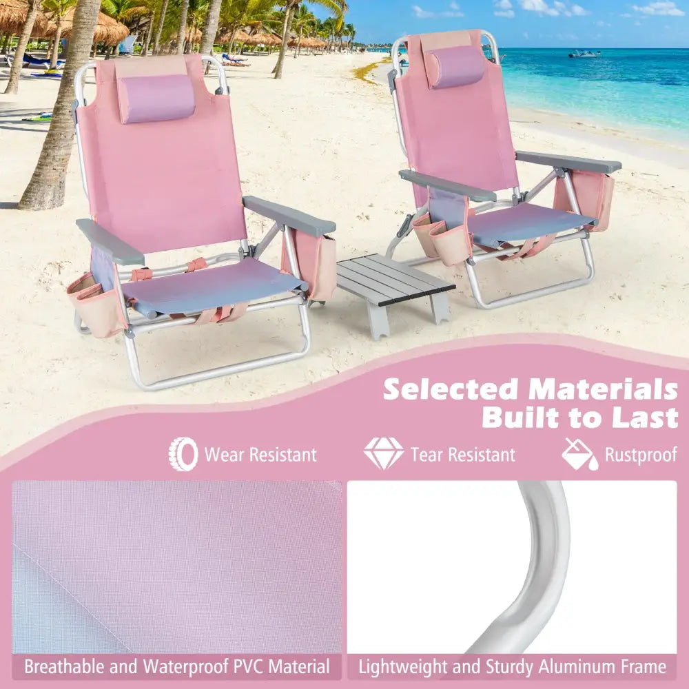 2 Packs 5-Position Outdoor Folding Backpack Beach Table Chair Reclining Chair Set-Pink - Light Pink - Beach & Lawn