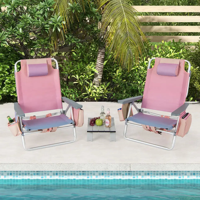 2 Packs 5-Position Outdoor Folding Backpack Beach Table Chair Reclining Chair Set-Pink - Light Pink - Beach & Lawn
