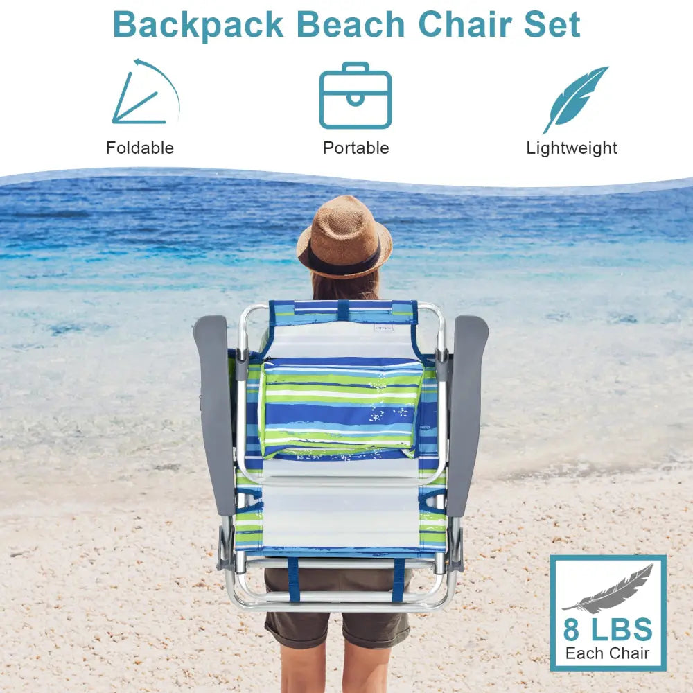 2 Packs 5-Position Outdoor Folding Backpack Beach Table Chair Reclining Chair Set-Blue - Blue - Beach & Lawn Chairs