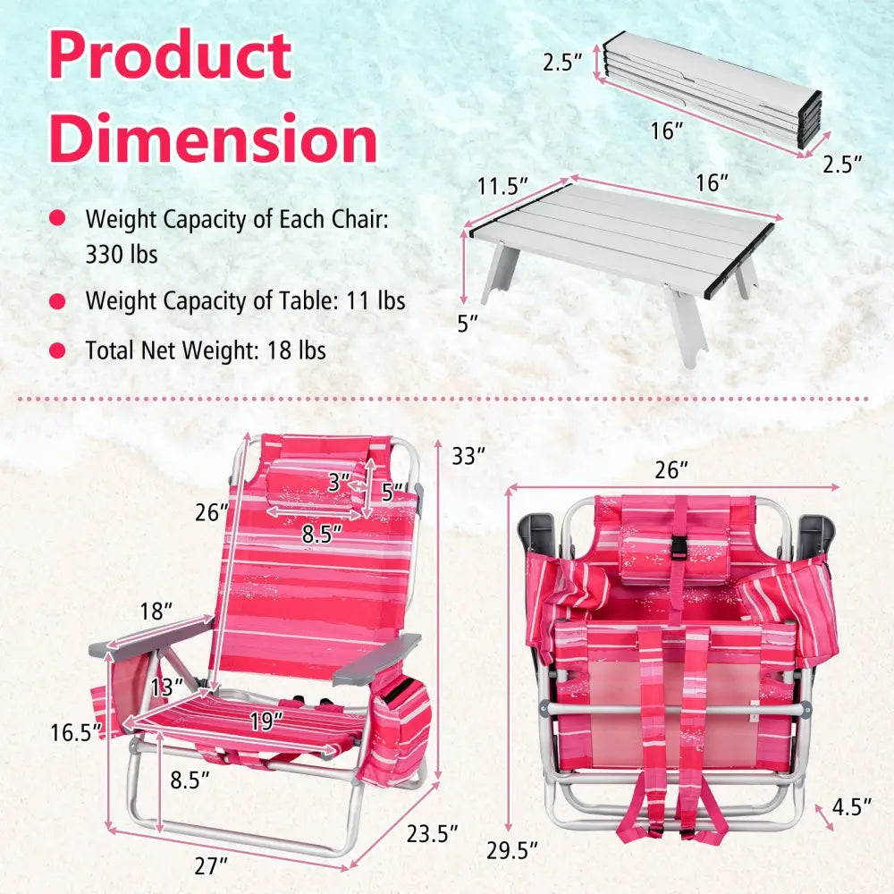 2 Packs 5-Position Outdoor Folding Backpack Beach Table Chair Reclining Chair Set-Hot Pink - Pink - Beach & Lawn Chairs