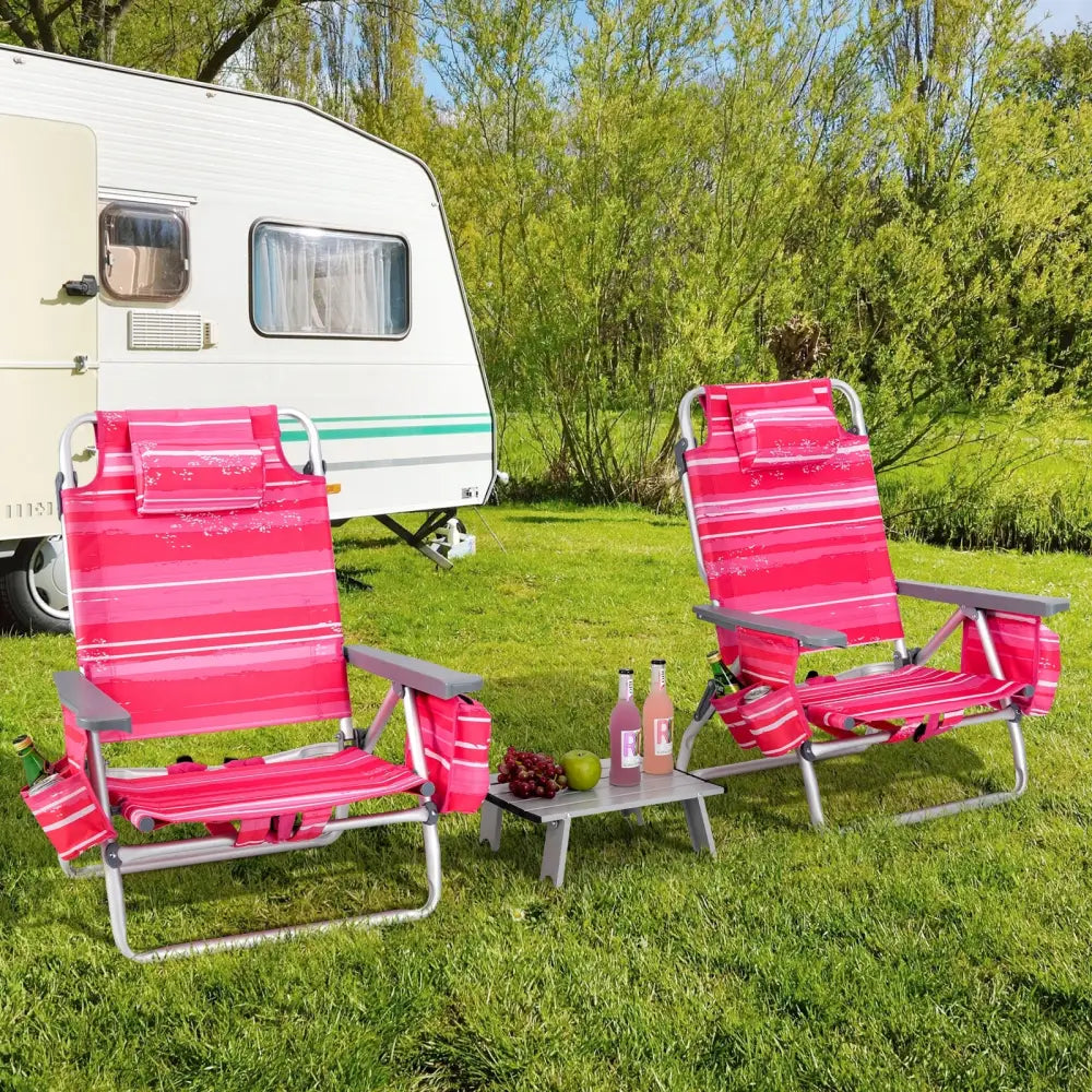 2 Packs 5-Position Outdoor Folding Backpack Beach Table Chair Reclining Chair Set-Hot Pink - Pink - Beach & Lawn Chairs