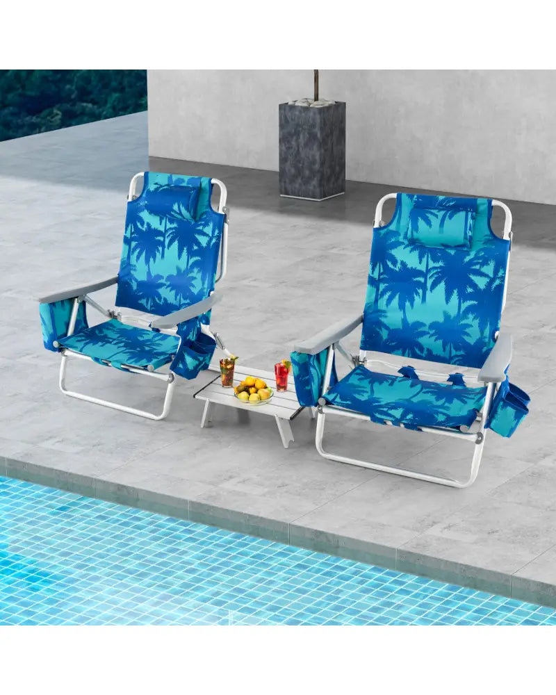 2 Packs 5-Position Outdoor Folding Backpack Beach Table Chair Reclining Chair Set-Navy - Navy - Beach & Lawn Chairs