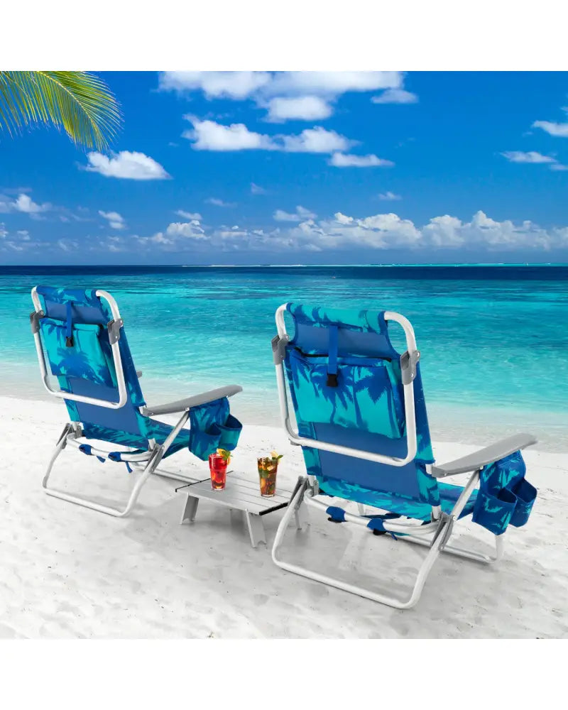 2 Packs 5-Position Outdoor Folding Backpack Beach Table Chair Reclining Chair Set-Navy - Navy - Beach & Lawn Chairs