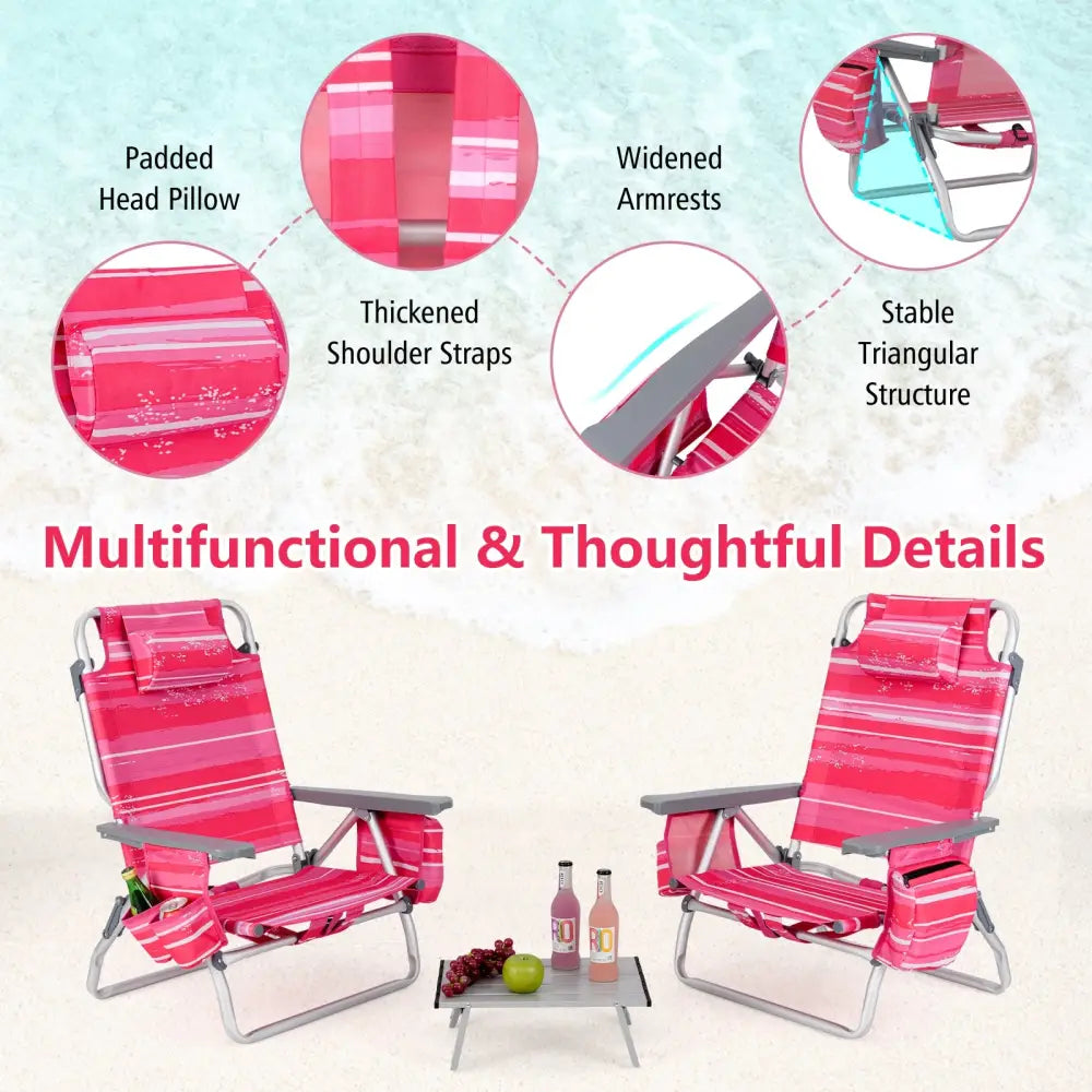 2 Packs 5-Position Outdoor Folding Backpack Beach Table Chair Reclining Chair Set-Hot Pink - Pink - Beach & Lawn Chairs