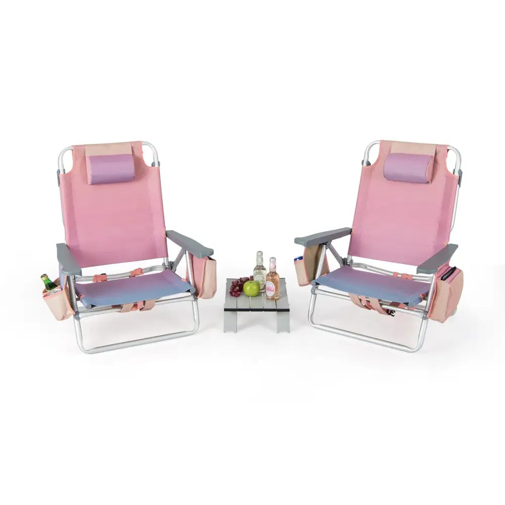 2 Packs 5-Position Outdoor Folding Backpack Beach Table Chair Reclining Chair Set-Pink - Light Pink - Beach & Lawn