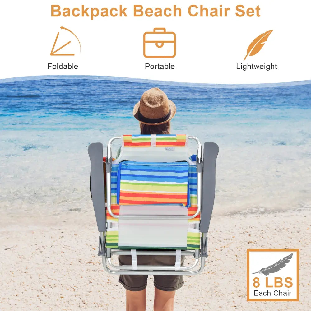 2 Packs 5-Position Outdoor Folding Backpack Beach Table Chair Reclining Chair Set-Yellow - Yellow - Beach & Lawn Chairs