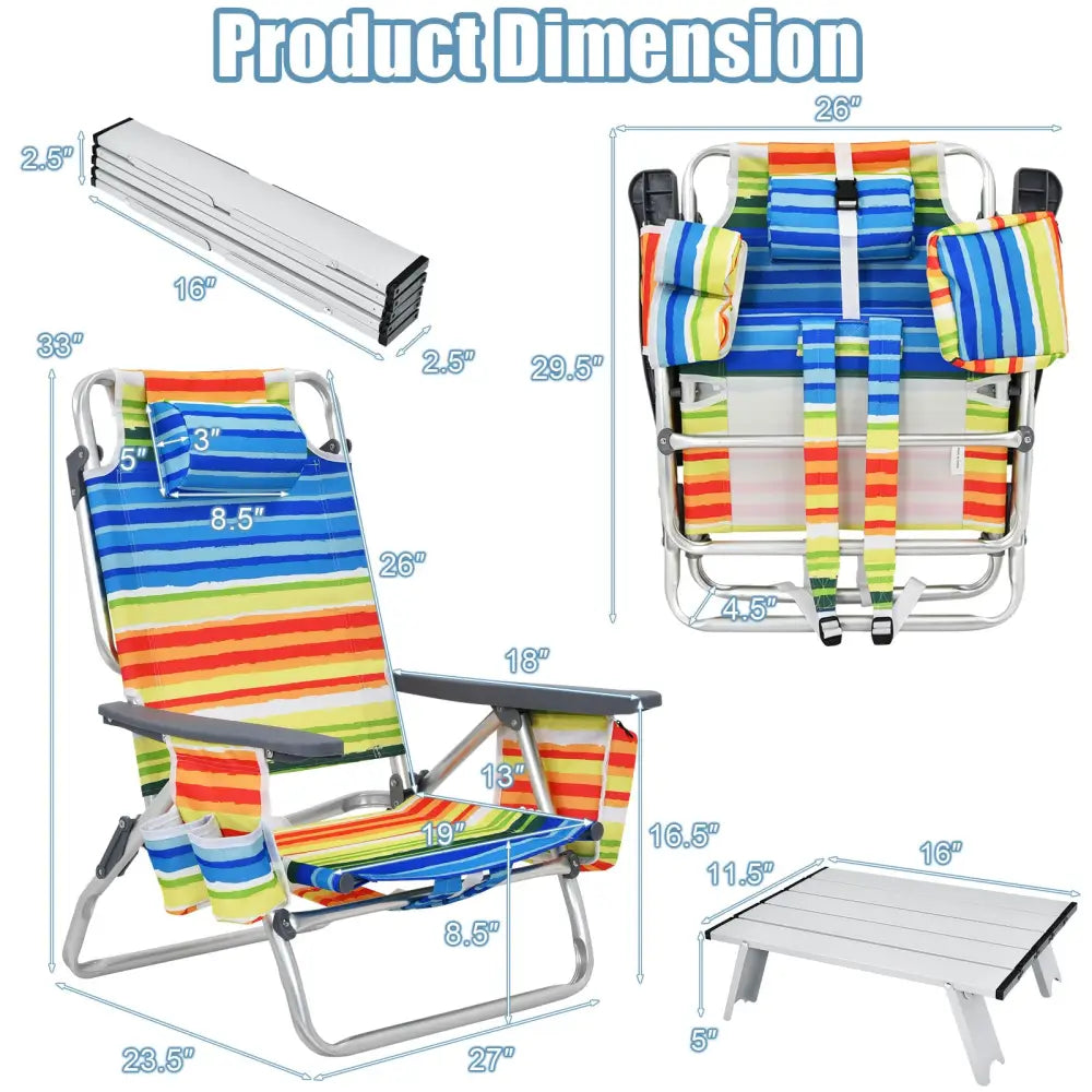 2 Packs 5-Position Outdoor Folding Backpack Beach Table Chair Reclining Chair Set-Yellow - Yellow - Beach & Lawn Chairs