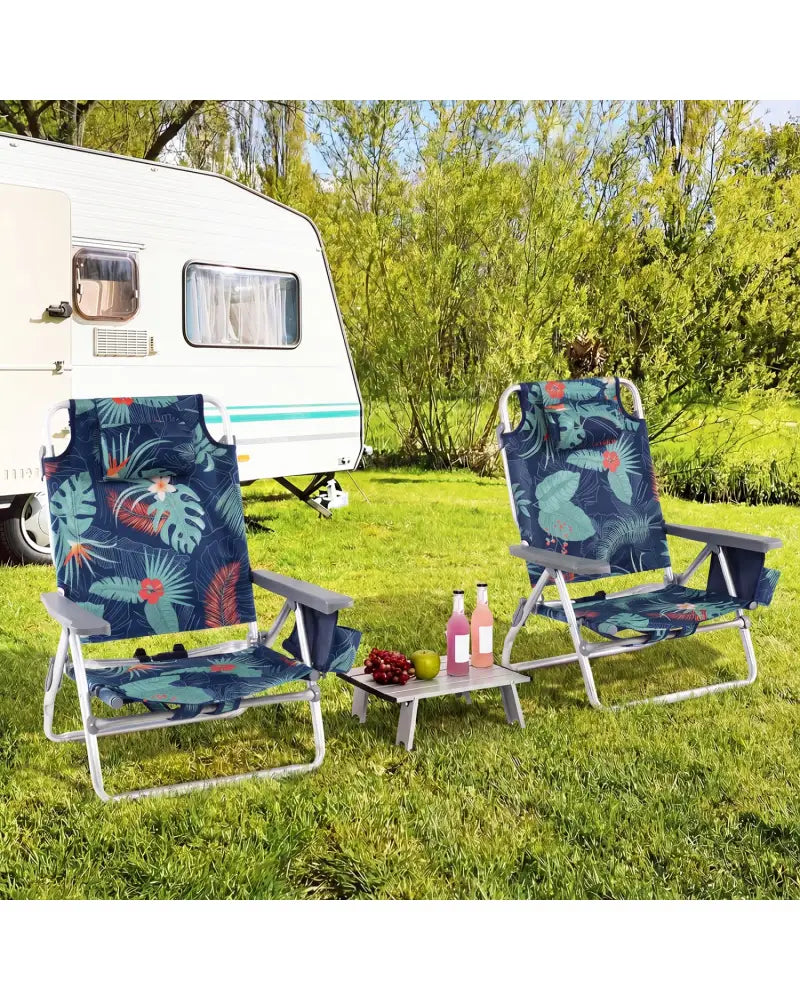 2 Packs 5-Position Outdoor Folding Backpack Beach Table Chair Reclining Chair Set-Green - Green - Beach & Lawn Chairs