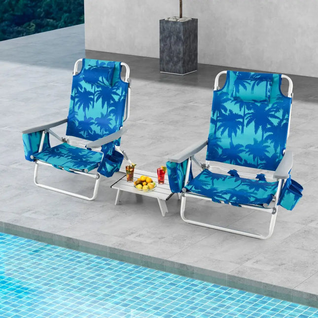 2 Packs 5-Position Outdoor Folding Backpack Beach Table Chair Reclining Chair Set-Navy - Navy - Beach & Lawn Chairs