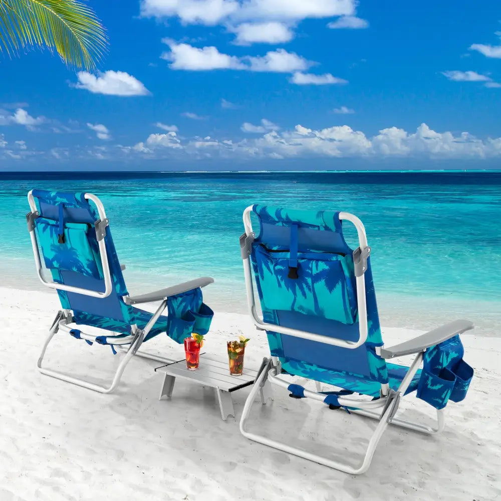 2 Packs 5-Position Outdoor Folding Backpack Beach Table Chair Reclining Chair Set-Navy - Navy - Beach & Lawn Chairs