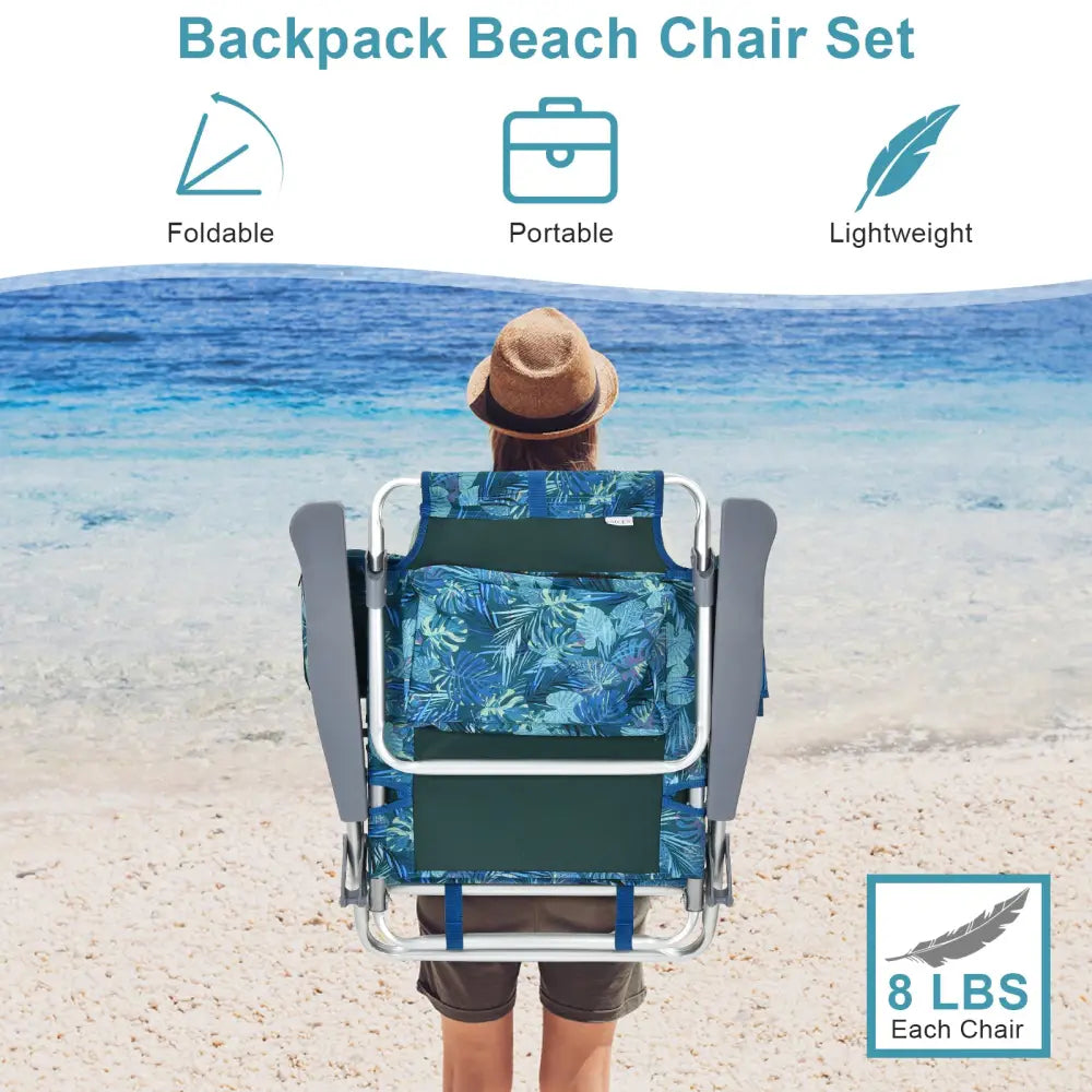 2 Packs 5-Position Outdoor Folding Backpack Beach Table Chair Reclining Chair Set-Multicolor - Multicolor - Beach &