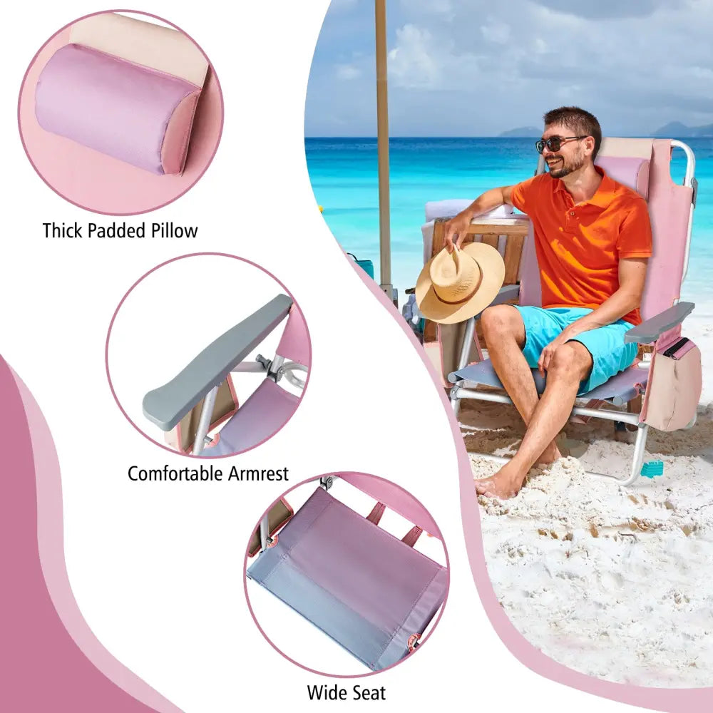 2 Packs 5-Position Outdoor Folding Backpack Beach Table Chair Reclining Chair Set-Pink - Light Pink - Beach & Lawn