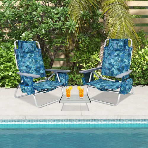 2 Packs 5-Position Outdoor Folding Backpack Beach Table Chair Reclining Chair Set-Multicolor - Multicolor - Beach &
