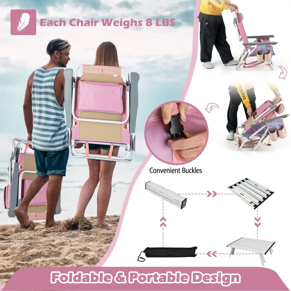 2 Packs 5-Position Outdoor Folding Backpack Beach Table Chair Reclining Chair Set-Pink - Light Pink - Beach & Lawn