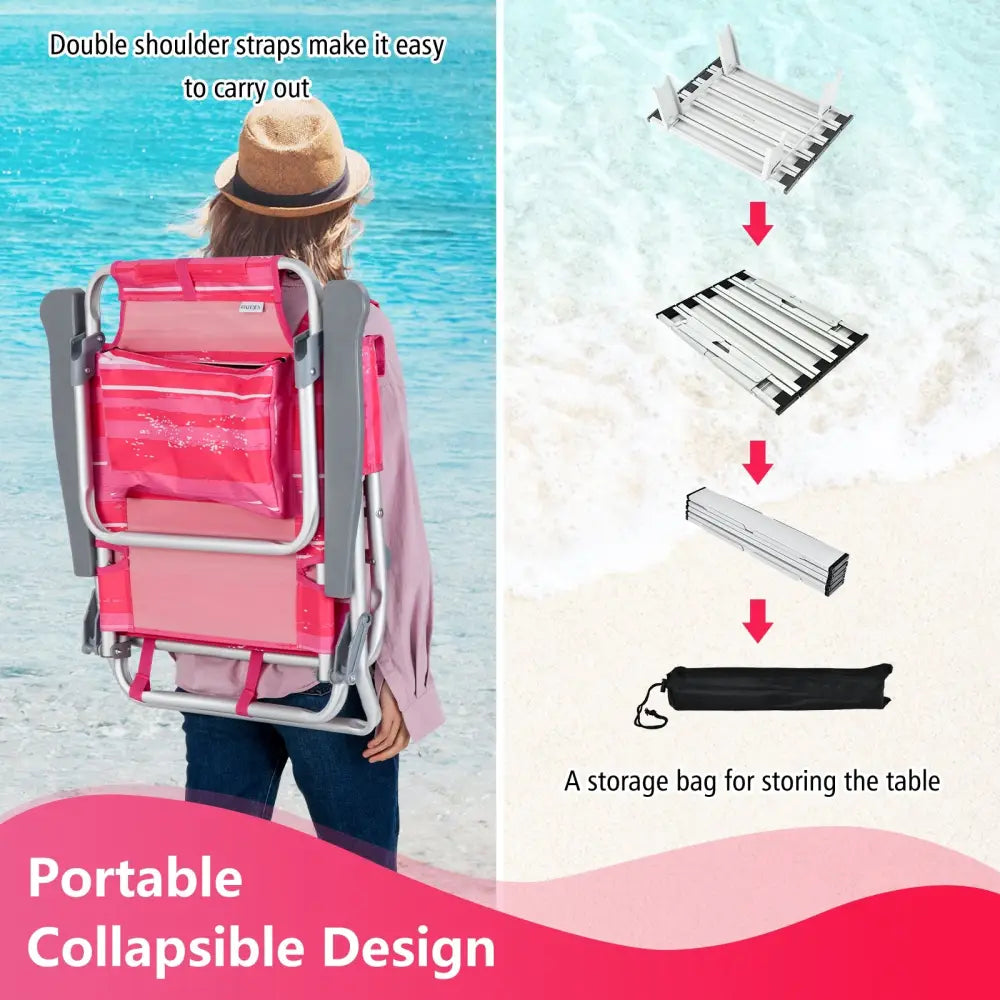 2 Packs 5-Position Outdoor Folding Backpack Beach Table Chair Reclining Chair Set-Hot Pink - Pink - Beach & Lawn Chairs