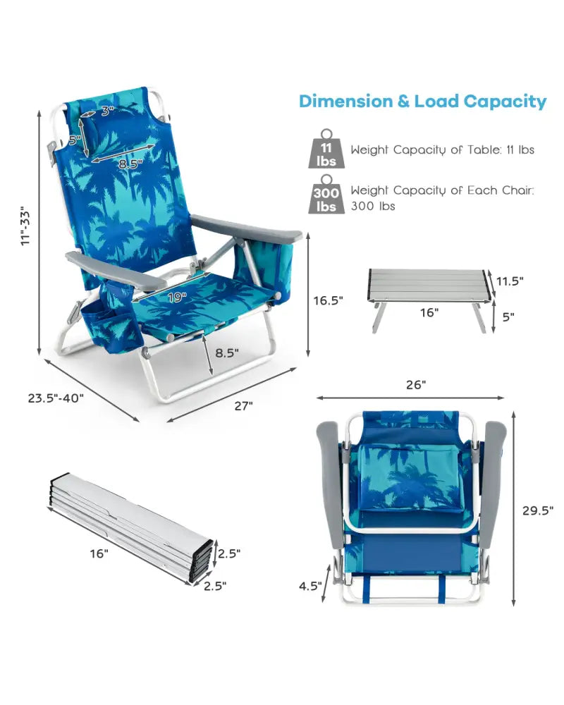 2 Packs 5-Position Outdoor Folding Backpack Beach Table Chair Reclining Chair Set-Navy - Navy - Beach & Lawn Chairs