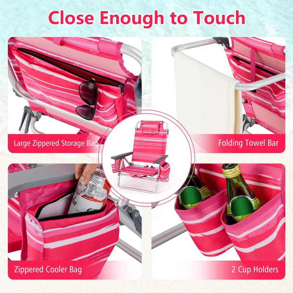 2 Packs 5-Position Outdoor Folding Backpack Beach Table Chair Reclining Chair Set-Hot Pink - Pink - Beach & Lawn Chairs