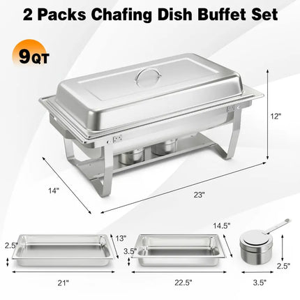 2 Packs Chafing 9 Quart Stainless Rectangular Chafer Buffet - Silver - Food Warmers & Burners