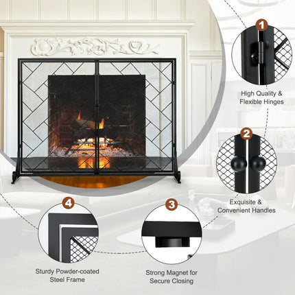 2-Panel Fireplace Screen Folding Metal Fire Place Safety Fence with Magnetic Doors-Black - Black - Fireplace Tools
