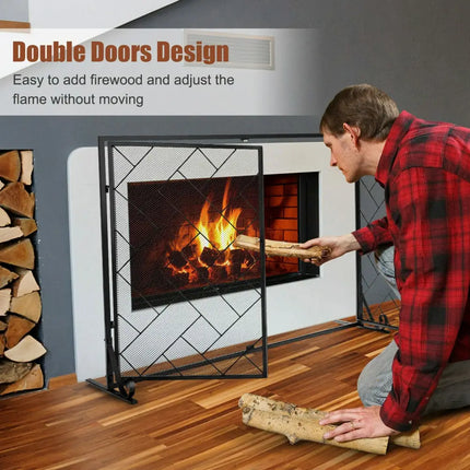 2-Panel Fireplace Screen Folding Metal Fire Place Safety Fence with Magnetic Doors-Black - Black - Fireplace Tools