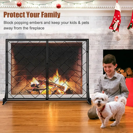 2-Panel Fireplace Screen Folding Metal Fire Place Safety Fence with Magnetic Doors-Black - Black - Fireplace Tools