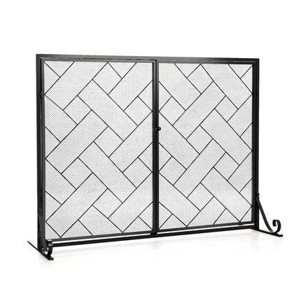 2-Panel Fireplace Screen Folding Metal Fire Place Safety Fence with Magnetic Doors-Black - Black - Fireplace Tools