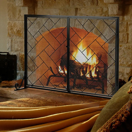 2-Panel Fireplace Screen Folding Metal Fire Place Safety Fence with Magnetic Doors-Black - Black - Fireplace Tools