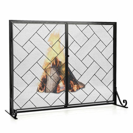 2-Panel Fireplace Screen Folding Metal Fire Place Safety Fence with Magnetic Doors-Black - Black - Fireplace Tools
