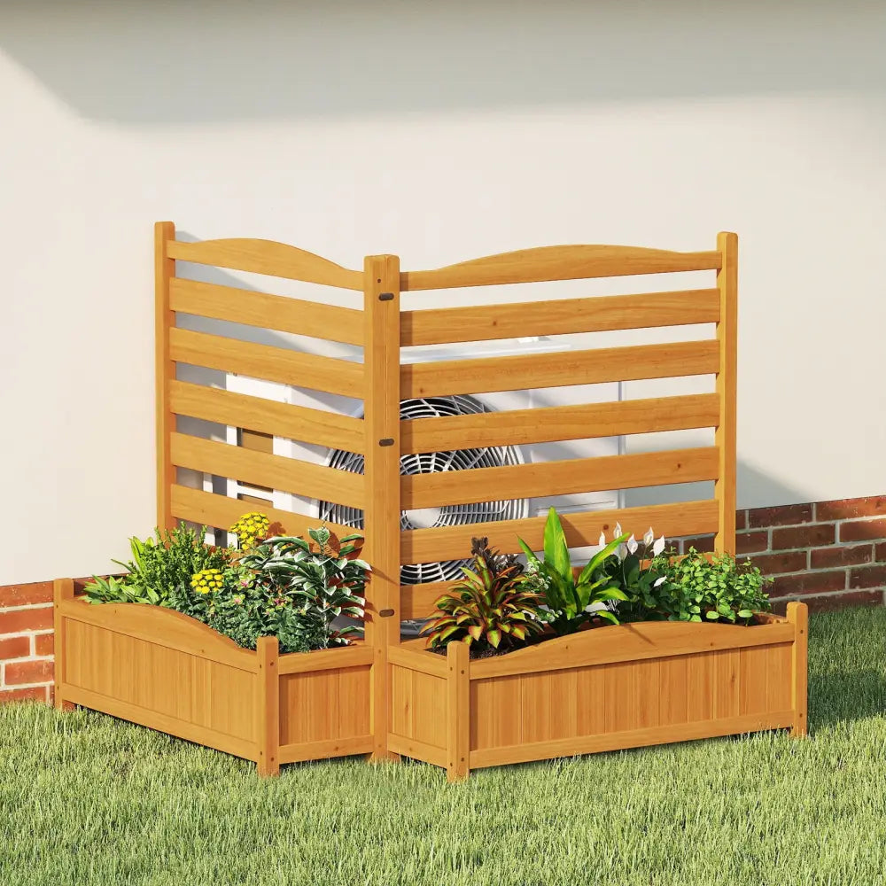 2-Panel Freestanding Outdoor Wood Privacy Screen-Yellow - Yellow - Raised Garden Beds