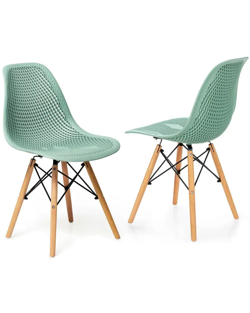 2 Pcs Modern Plastic Hollow Chair Set with Wood Leg-Green - Green - Dining Chairs