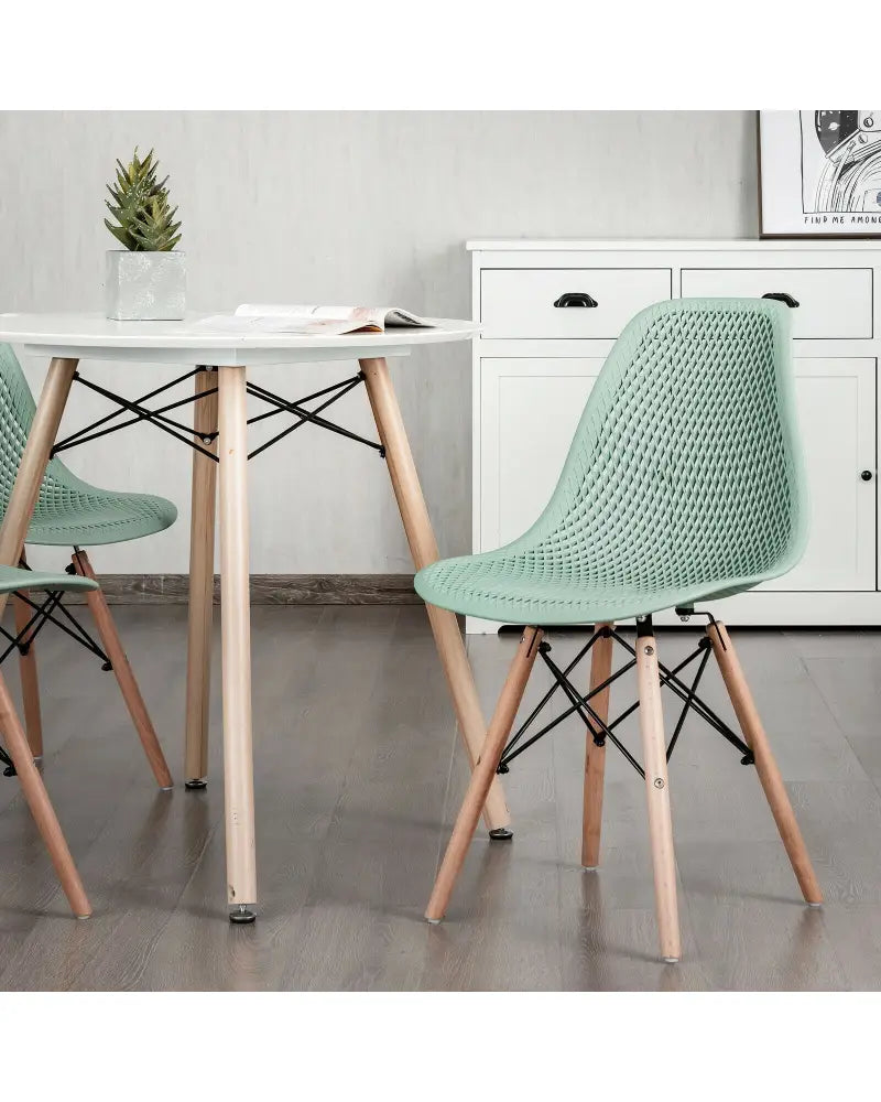 2 Pcs Modern Plastic Hollow Chair Set with Wood Leg-Green - Green - Dining Chairs