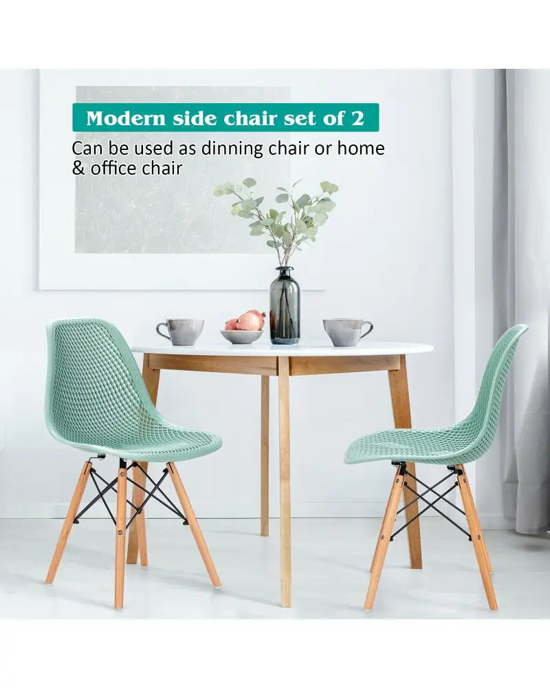 2 Pcs Modern Plastic Hollow Chair Set with Wood Leg-Green - Green - Dining Chairs