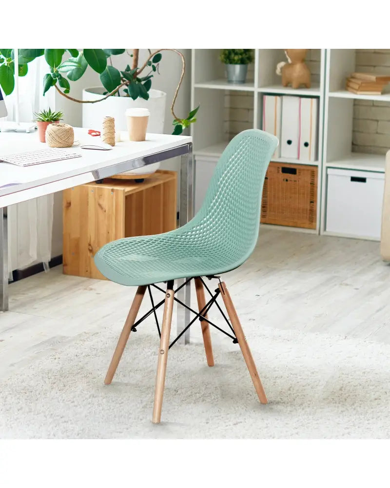 2 Pcs Modern Plastic Hollow Chair Set with Wood Leg-Green - Green - Dining Chairs