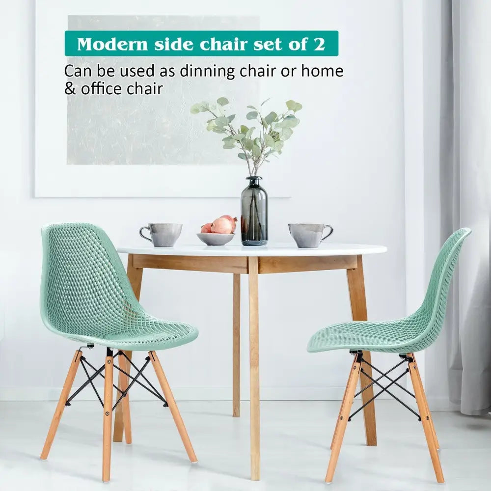 2 Pcs Modern Plastic Hollow Chair Set with Wood Leg-Green Costway